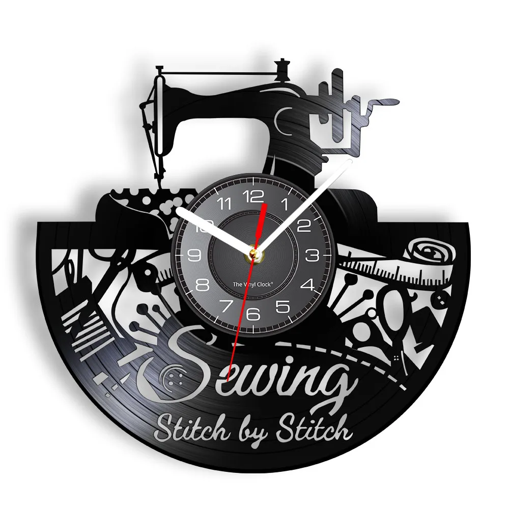 Sewing Stitch By Stitch Tailor Shop Silent Move Wall Clock Modern Design Quilting Tools Vinyl Record Clock Watch Seamstress Gift