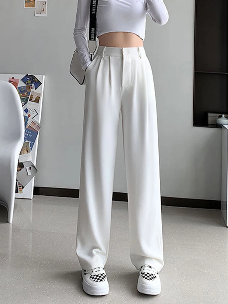 

Casual High Waist Wide Leg Pants for Women 2022 Summer Floor-Length Straight Loose Long Trousers Korean White Pink Suits Pants