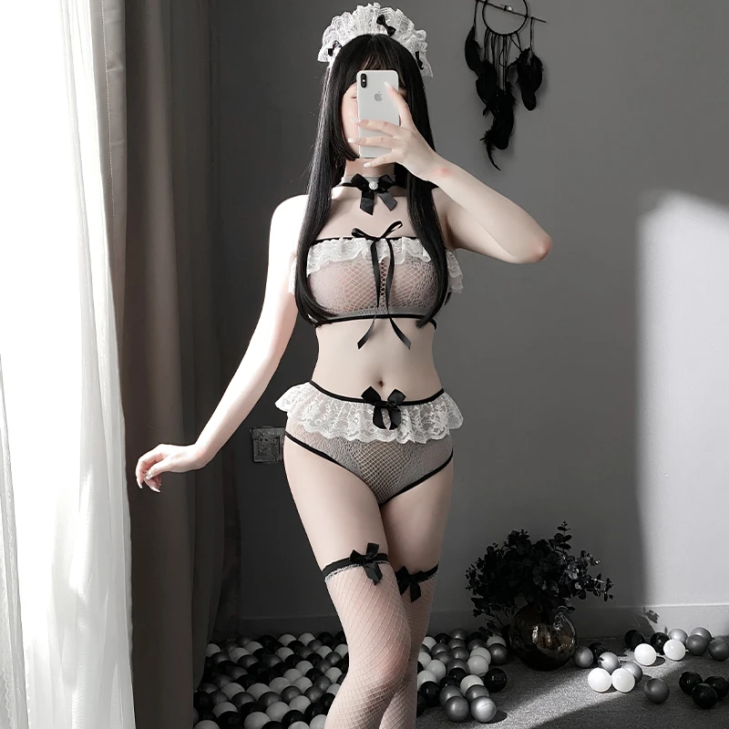 

Zomur Women's Sexy Lingerie Cosplay Women's Maid Flirting sexy Suit little girl Bikini Long tube net socks