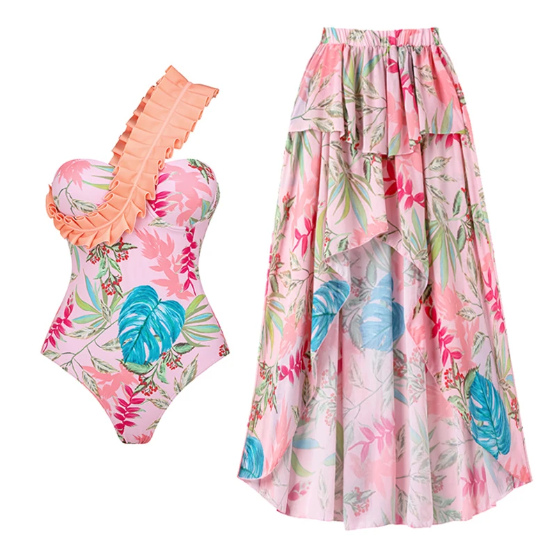 

Swimsuit Girl Korean Style Bikini One Piece Women Summer 2023 Swimwear Stylish New Tong Inclined Shoulder Suit Skirt Beach Print