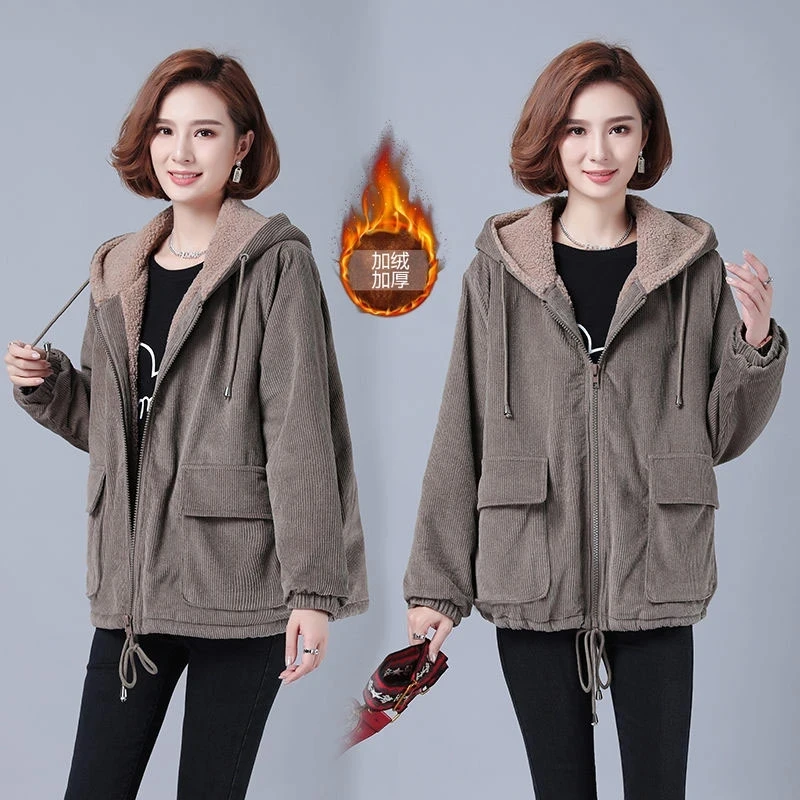2023 New Fashion Women Corduroy Jacket Female Velvet Thick Warm Coat Autumn Winter Casual Loose Hoodie Windbreaker Outerwear
