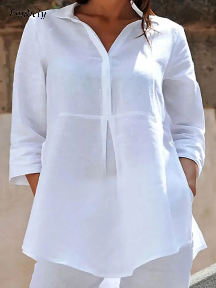 

Повседневная однотонная блузка из хлопка и льна, модный Свободный пуловер с отложным воротником и пуговицами, топы, элегантная женская руба...