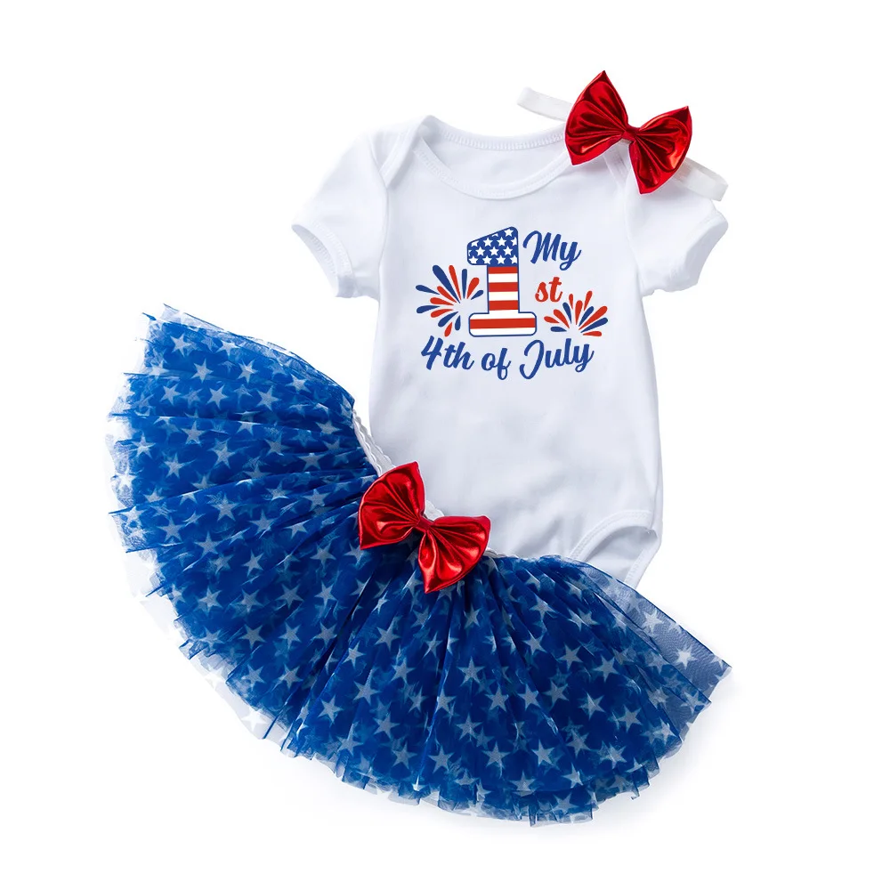 

Children's Baby Short Sleeved Top Independent Day Printed Clothing Newborn Baby Girl Mesh Tutu Skirt Independent Day Wholesale