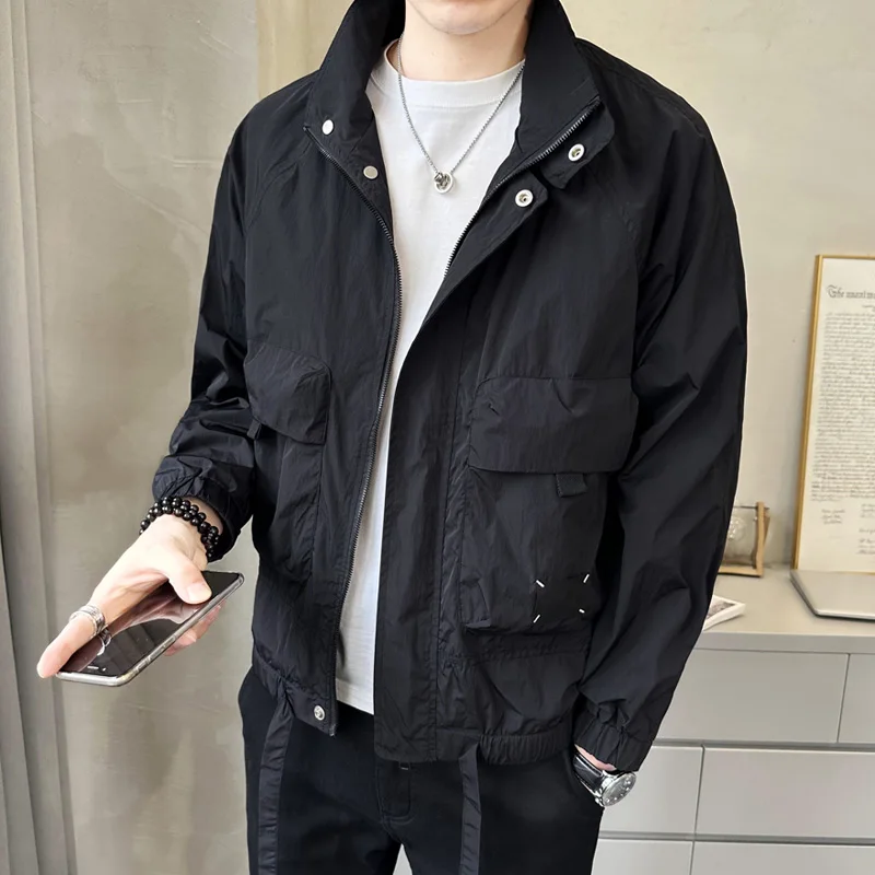 

New Summer Men's Harrington Jackets Thin Style Stand Collar Mesh lining Outerwear Travel Sun Protection Cargo Coat Belt Veste