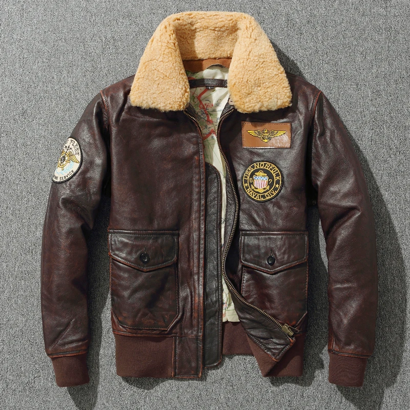 G1 Men's Thick Pilot Leather Jacket Vintage Brown Loose Coat Wool Collar Classical Military Bomber Jacket 100% Natural Cowhide