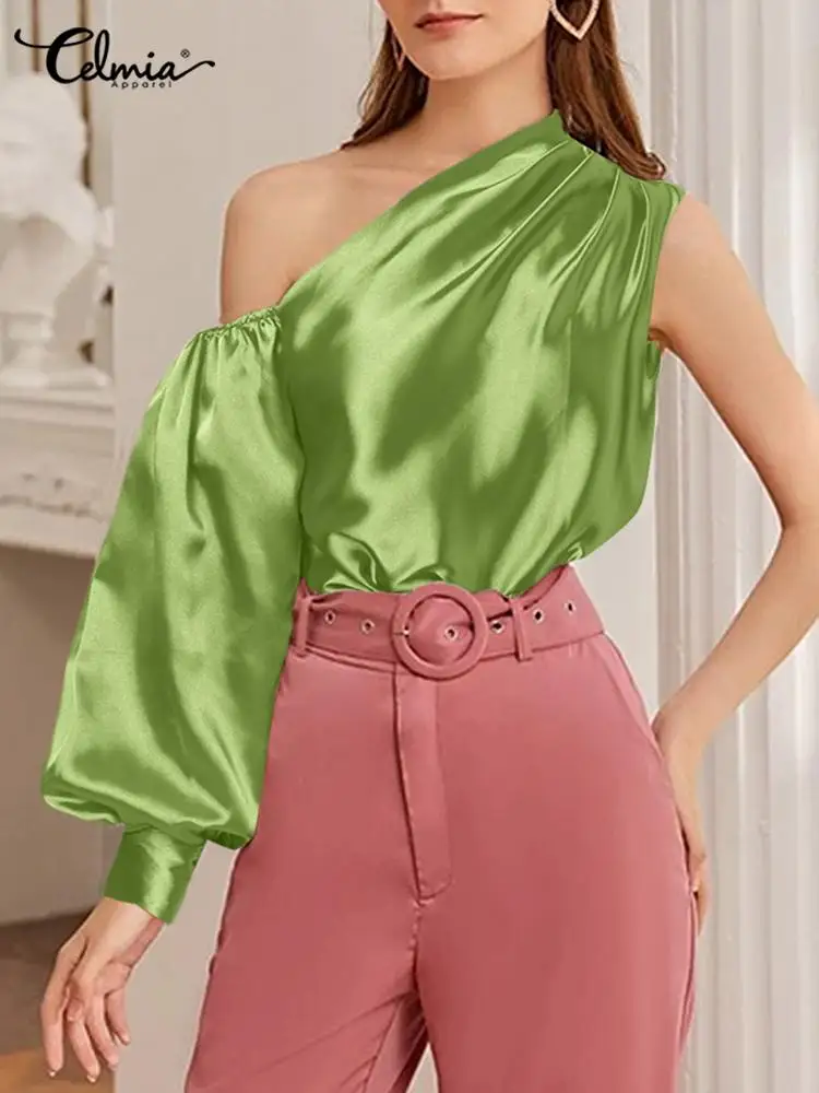 

Уличная одежда, рубашки на одно плечо Celmia 2022, женская блузка, модные топы с рукавами-фонариками, элегантные атласные шелковые шикарные Асимм...