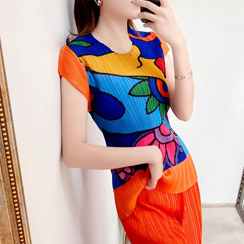 

Pleated short-sleeved fashion all-match blouse women's 2021 summer new style print age reduction short slim slimming T-shirt