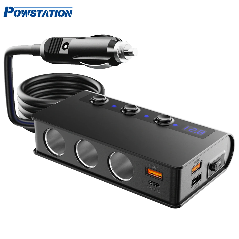 

Powstation180W Cigarette Lighter Auto Power Adapter Charger 4 USB Port Car Charger USB Charger Type C Port Car Socket Splitter