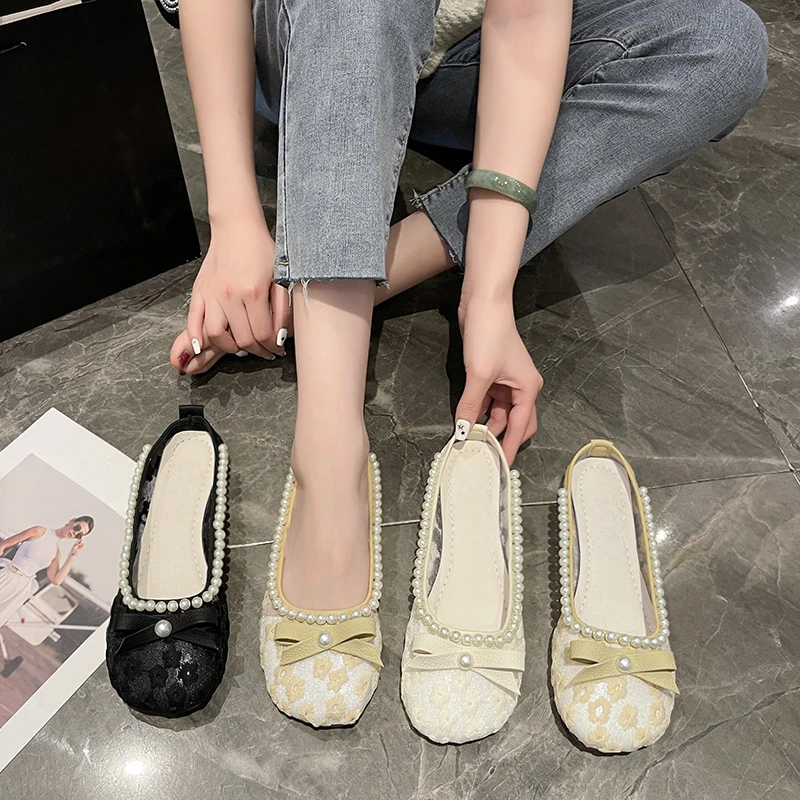 

BCEBYL 2023 Summer Fashion New Simple Casual Pearl Bow Knot Mesh Surface Breathable Comfortable Flat Soft Sole Shoes