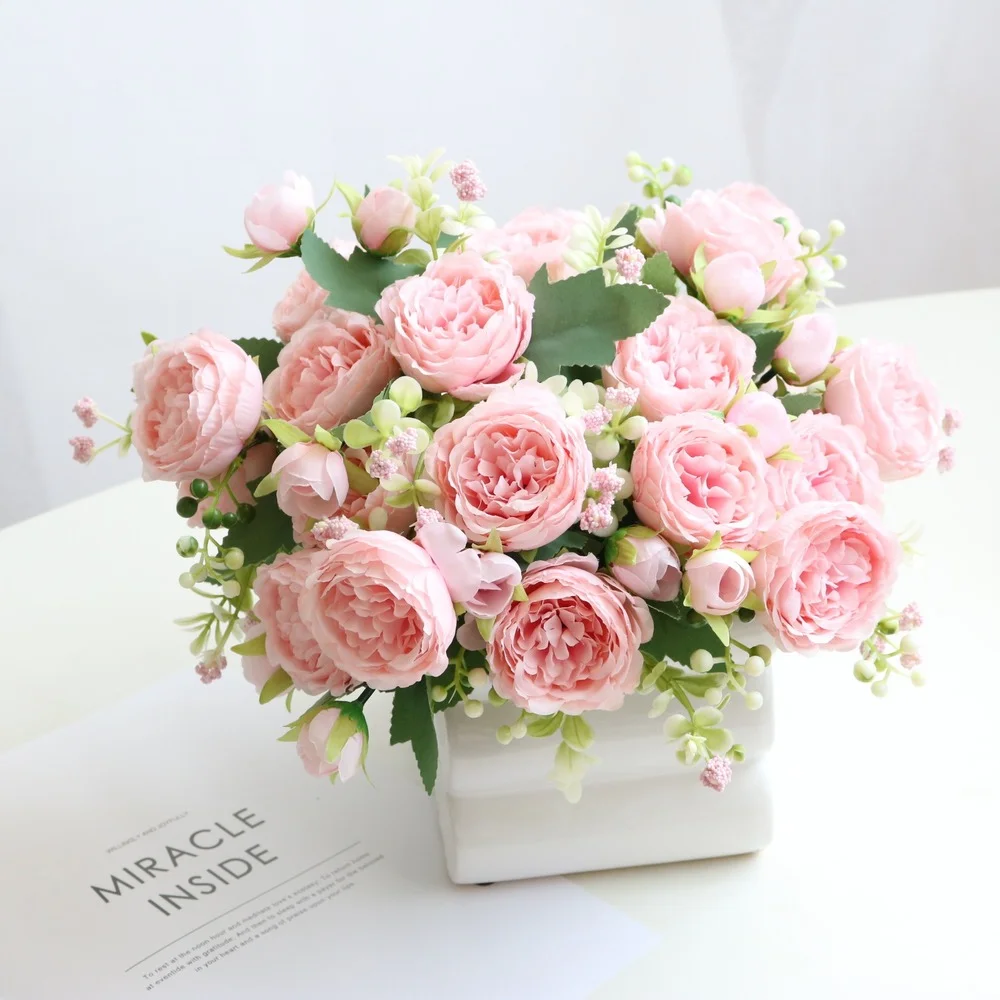 

Artificial Rose Flower Bouquets Lifelike Elegant Flowers Pink Champagne Roses Valentine's Day Gift Wedding Decoration