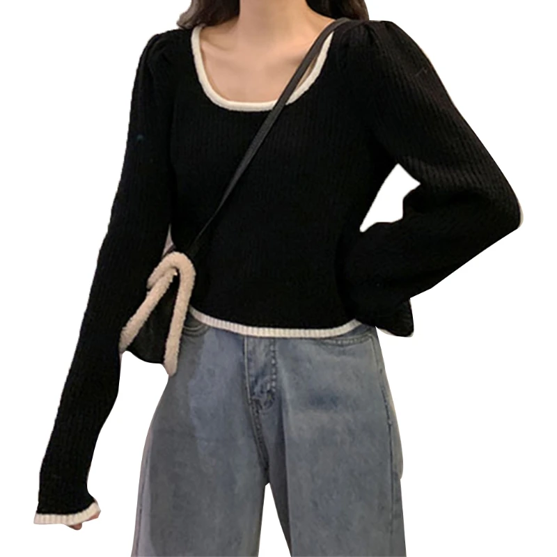 

New style Women Vintage Elegant Puff Long Sleeve Sweater Sexy Square Neck Ribbed Knit Pullover Crop Top Contrast Color Trim Slim