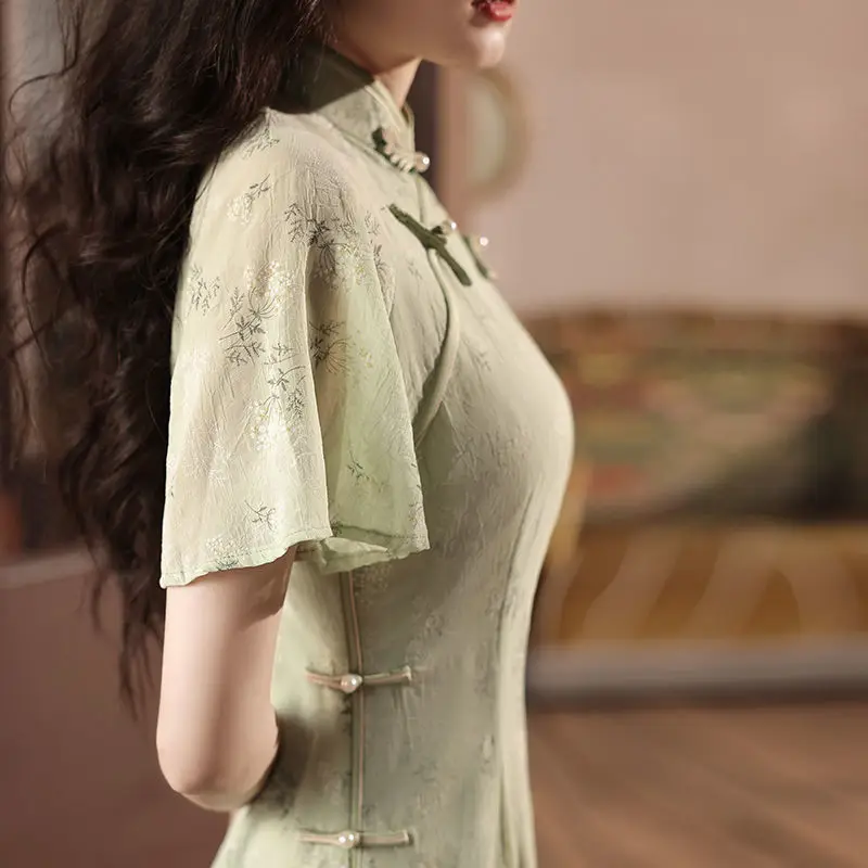 Light Green Cheongsam Vintage Loose Sleeve Chinese Traditional Dress Slim Female Women Long Qipao S To 2XL