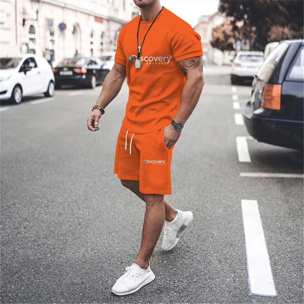 Men's Alphabet Discovery Personality Print O Neck Short Sleeve Drawstring Shorts Two Piece Fashion Casual Sports Suit Plus Size