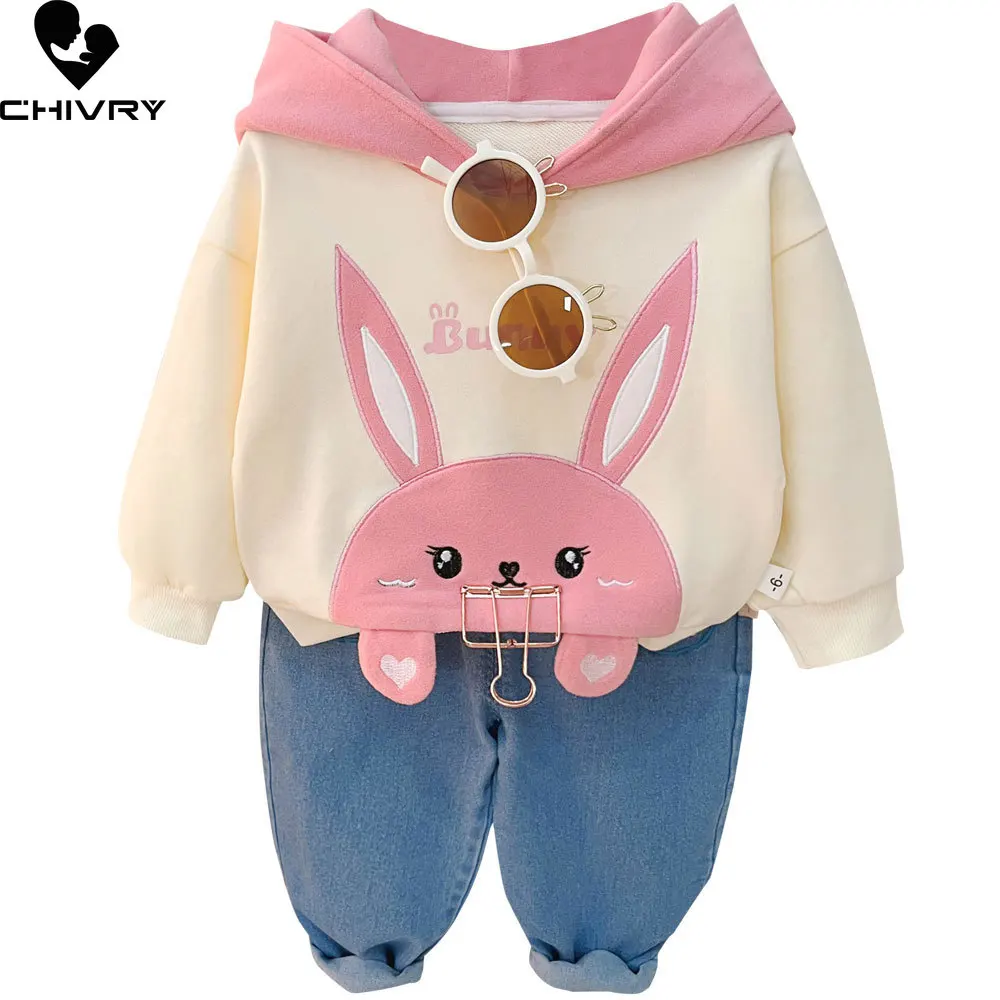 

Новинка 2023, весенне-осенние модные толстовки с капюшоном с мультяшным кроликом для маленьких девочек, свитшот с джинсовыми брюками, комплекты детской повседневной одежды