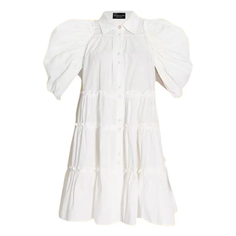 

SuperAen Retro A-line 2022 Summer New Fashion Shrugging Layered Patchwork Puff Sleeve Solid Jumpsuit Women Dress