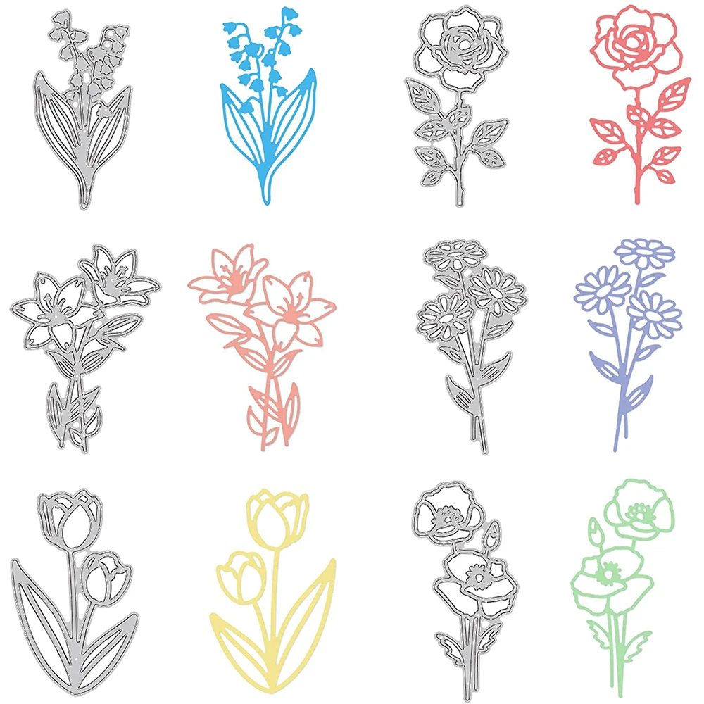 

6pcs Lilies Roses Daisies Tulips Metal Cutting Dies Jingle Flowers Stencils for DIY Scrapbooking Album Wedding Invitations Cards