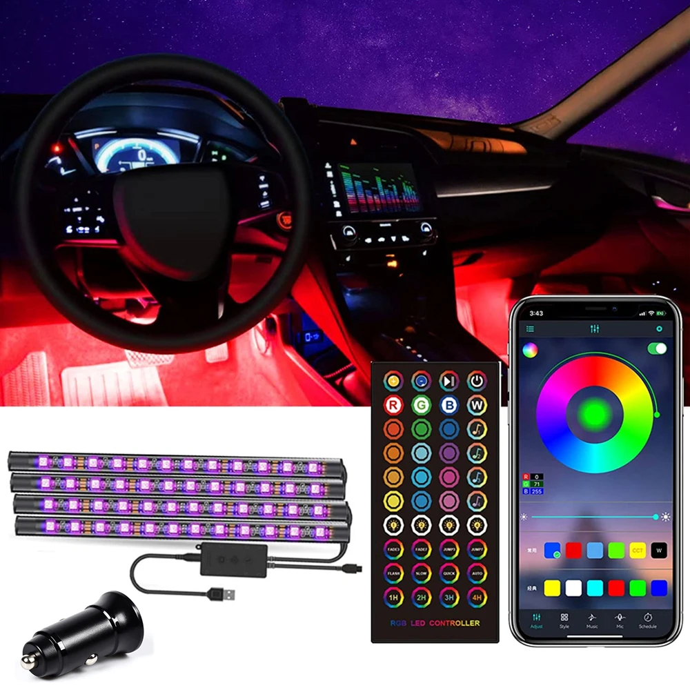 

Неоновая светодиодная RGB лента для украшения салона автомобиля, лампа с дистанционным управлением через приложение и 40 клавишами, 16 цветов, ...