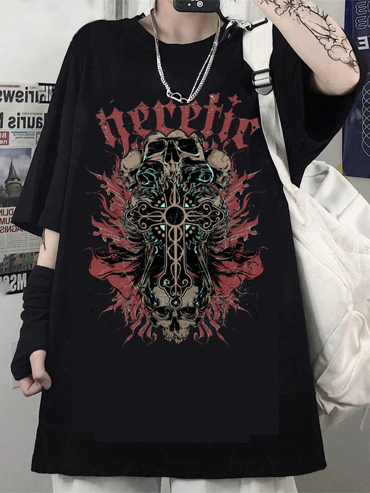

Deeptown Harajuku Gothic Letter Skull T-shirt Women Street Hip Hop Grunge Skeleton Graphic T Shirts y2k Tops Short Sleeve Female