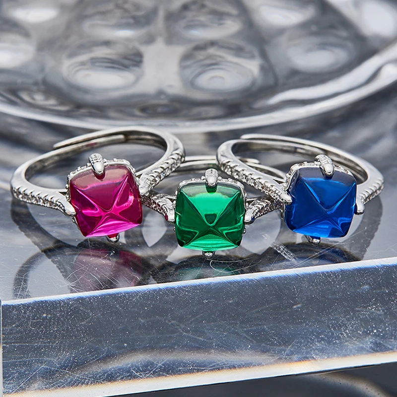 

S925 silver four-prong inlaid square colored gemstone ring with adjustable opening blue crystal classic luxury jewelry