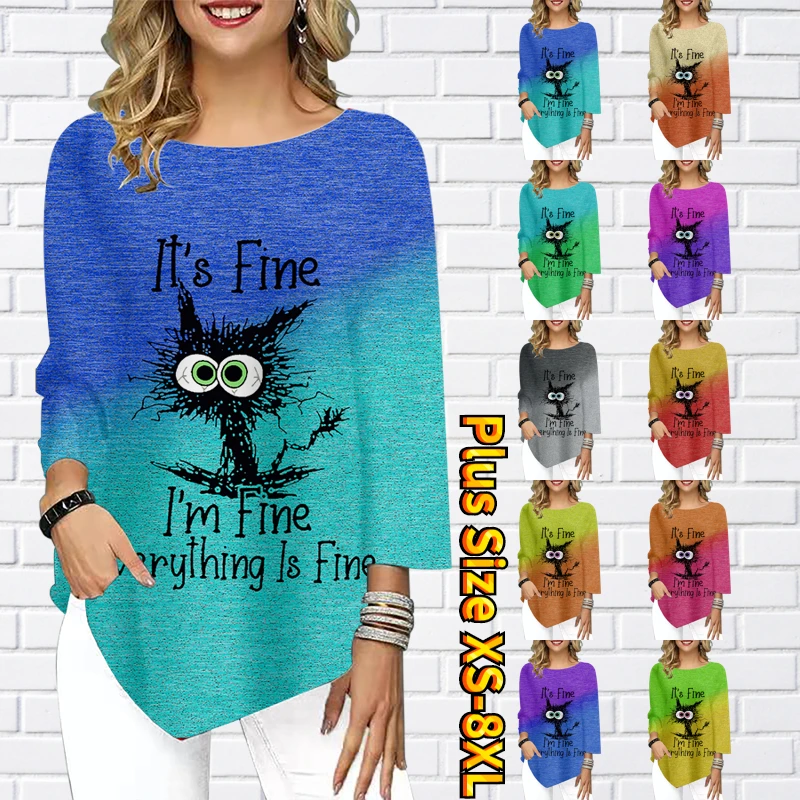 

Модные топы с круглым вырезом и рукавом три четверти, свободная футболка, пуловер с принтом кошки, удобная повседневная Элегантная футболка...