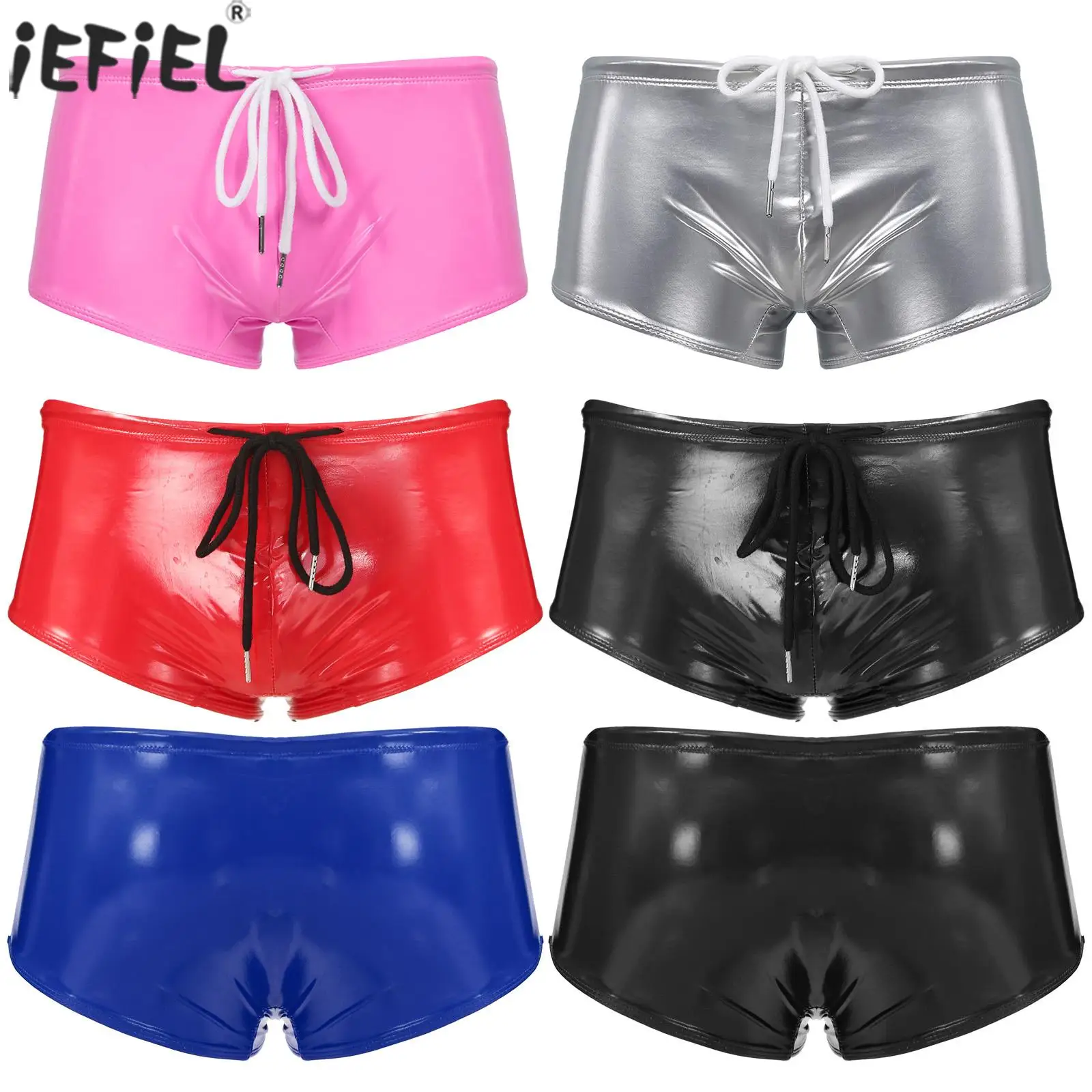 

Слитные мужские влажные плавки из лакированной кожи с низкой посадкой, боксеры на шнуровке, шорты, одежда для купания, Клубная одежда для вечеринки