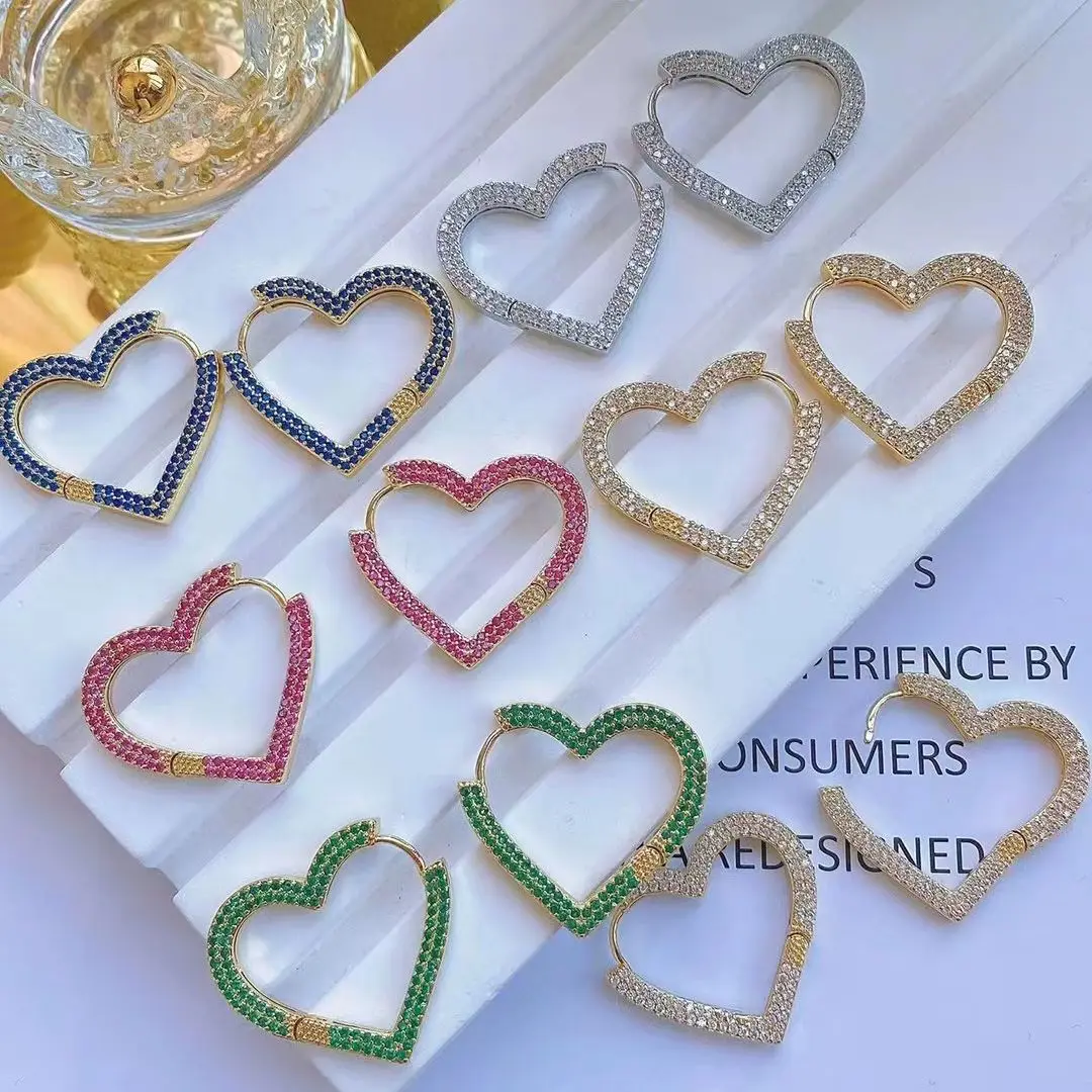 

3Pairs, Colorful Heart Crystal Hoop Earrings for Women Bijoux Geometric Cubic Zircon Earrings Statement Jewelry Party Gifts