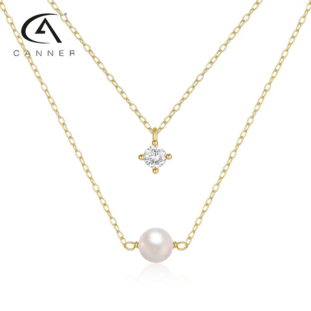 

CANNER Double-layer Stacked Diamond Necklace For Women S925 Silver Trend Ladies Clavicle Pearl-studded Diamond Pendant Necklaces
