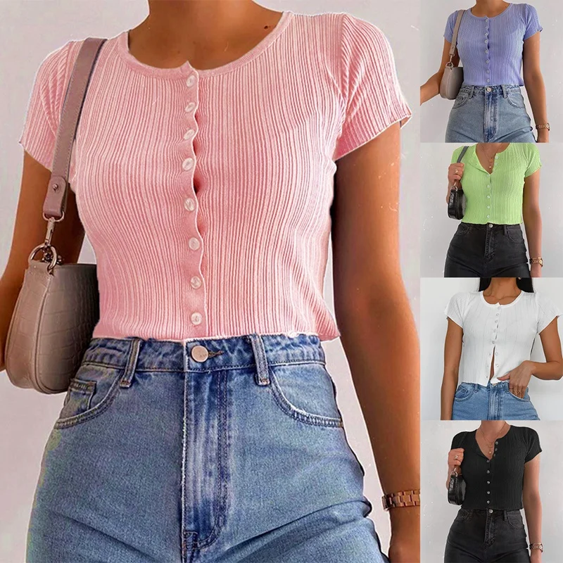 

ASDS-Casual O Neck Ribbed T Shirt Women Short Sleeve Tops Solid Color T Shirt Short Cardigans Tops Summer Women