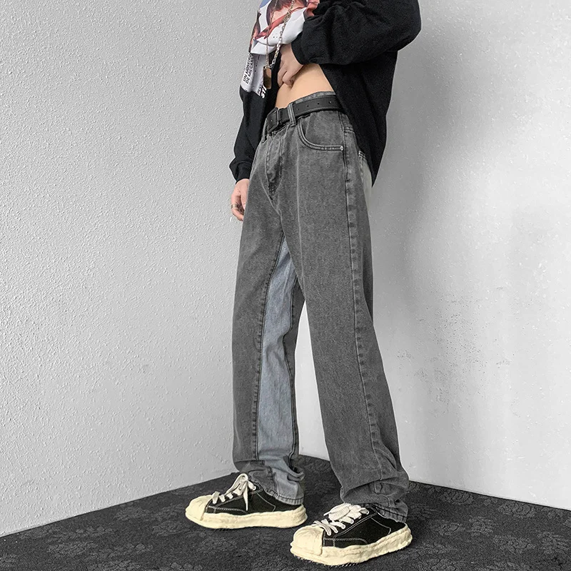 DEEPTOWN Patchwork Jeans Men Loose Straight Denim Pants Gray Casual Trousers Male Vintage Korean Fashion Hip Hop Streetwear