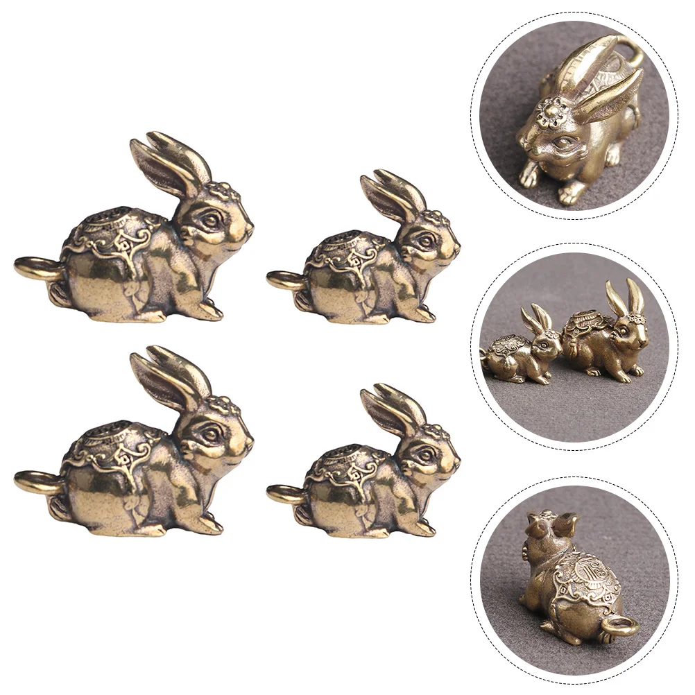 

4 Pcs Zodiac Rabbit Pendant Charm Braclets Brass Tea Pet Crafts Amulet Brass Bunny Statue Copper Zodiac Animal Keychain