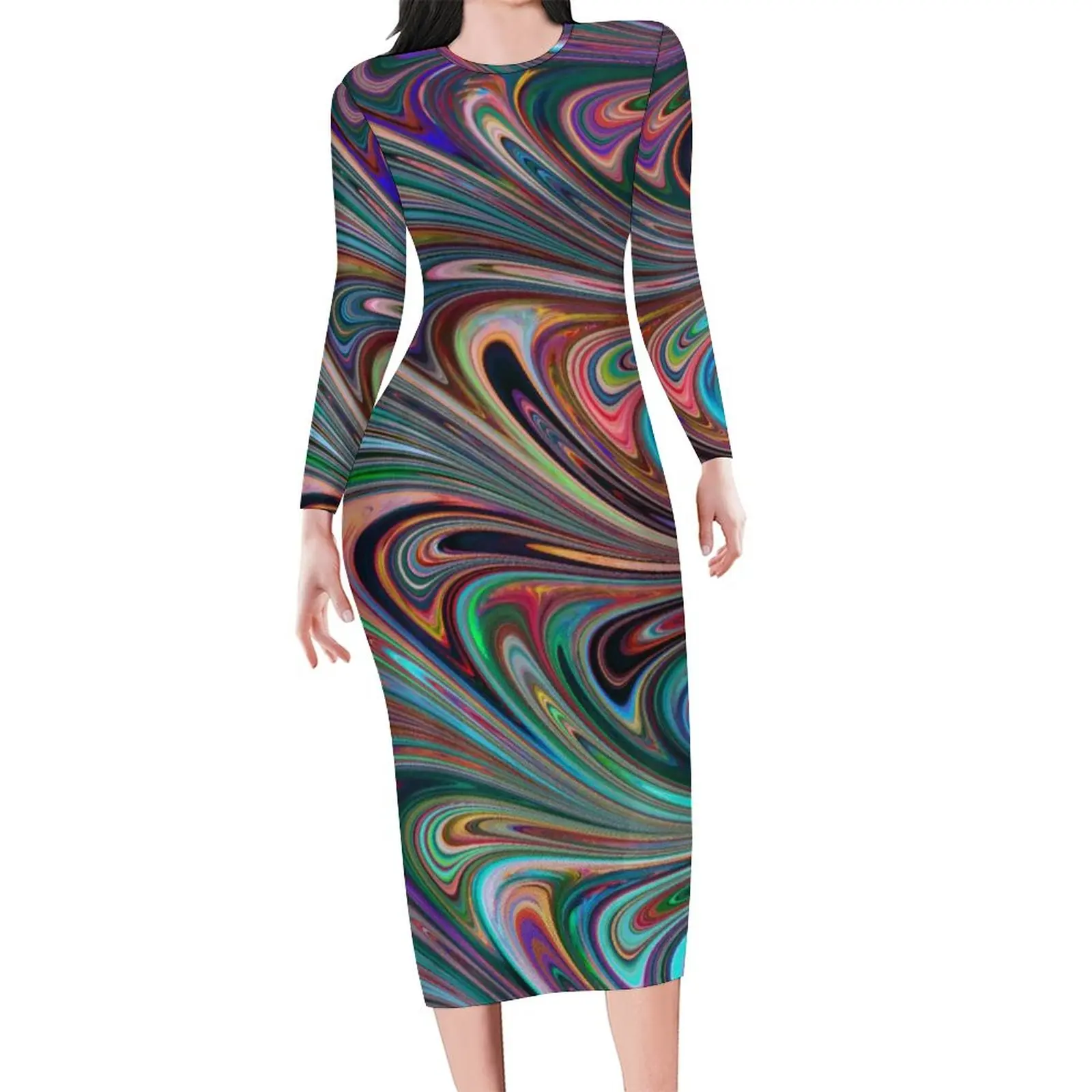 

Abstract Marble Bodycon Dress Woman Colorful Rainbow Swirls Retro Dresses Summer Long Sleeve Aesthetic Graphic Dress Big Size
