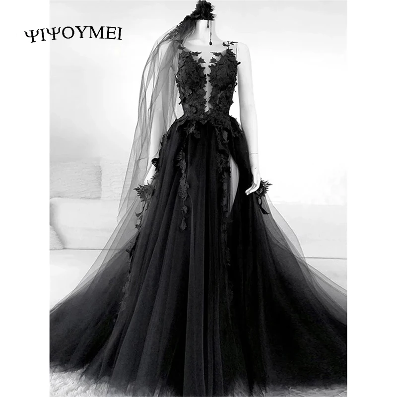

Готическое черное платье для выпускного вечера, сексуальное вечернее платье-трапеция с открытой спиной и разрезом сбоку, кружевные вечерние платья с вуалью, платье для вечеринки