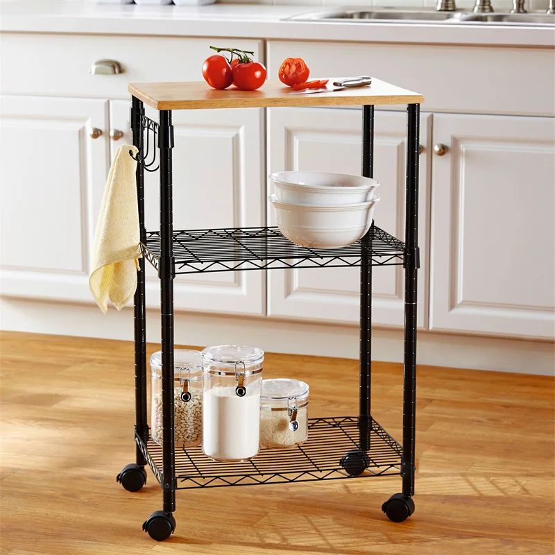 

Multi-Purpose Rolling Kitchen Cart Trolley Storage Rack 3-Tier Wire Food Service Cart Microwave Stand Oak Cutting Board & Chrome