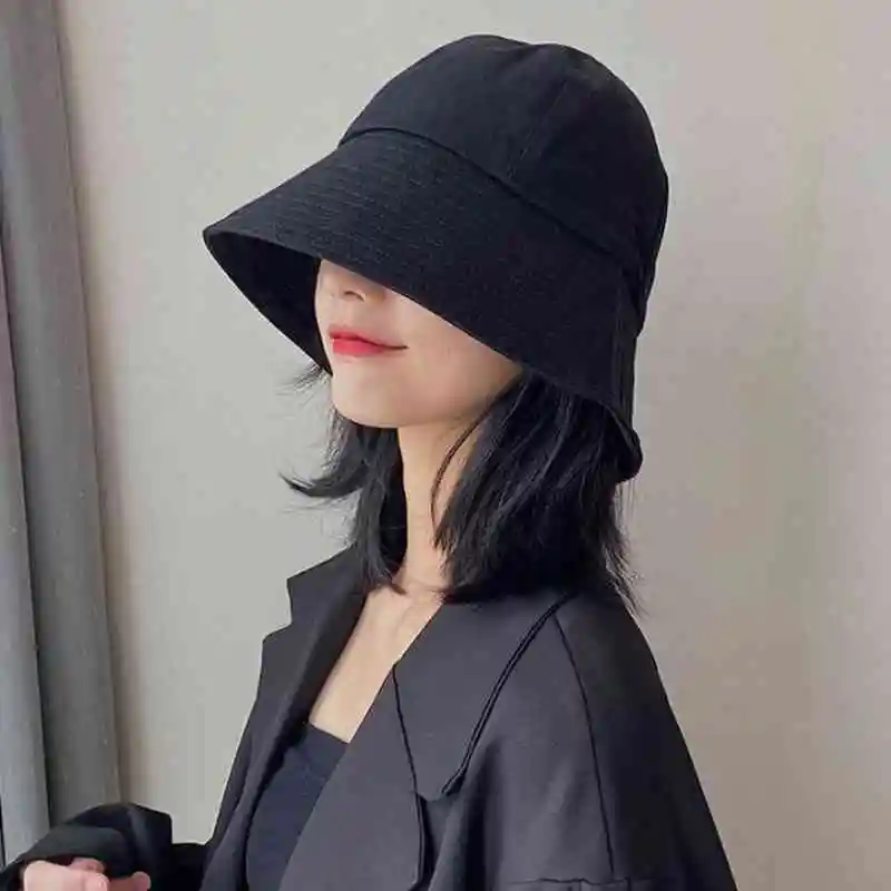 

Summer Spring Black Women Bucket Hat Casual Cotton Solid Color Panama Cap Outdoor Beach Visor Sun Hats Lady Girl Fisherman Cap