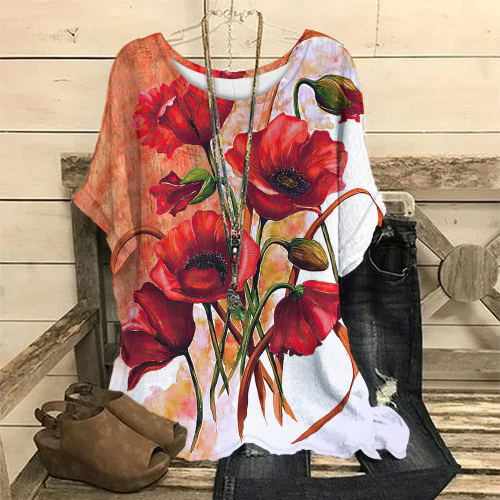 

Fashion T-Shirts For Women Summer Flowers Pattern Pullover Cute Short Sleeve T Shirt Abstract Print Plus Size Woman Clothing