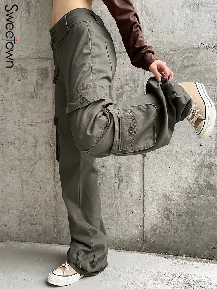 

Sweetown Retro Casual Denim Cargo Pants Women Pockets Design Low Rise Jeans Vintage 90s Aesthetic Streetwear Straight Trousers