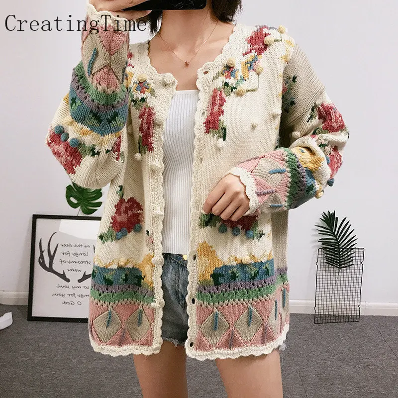 

Vintage Handmade Sweater Cardigan Rose Flower Embroidery Loose Sweet Single Breasted Autumn Winter New 2022 Fashion Female LH882