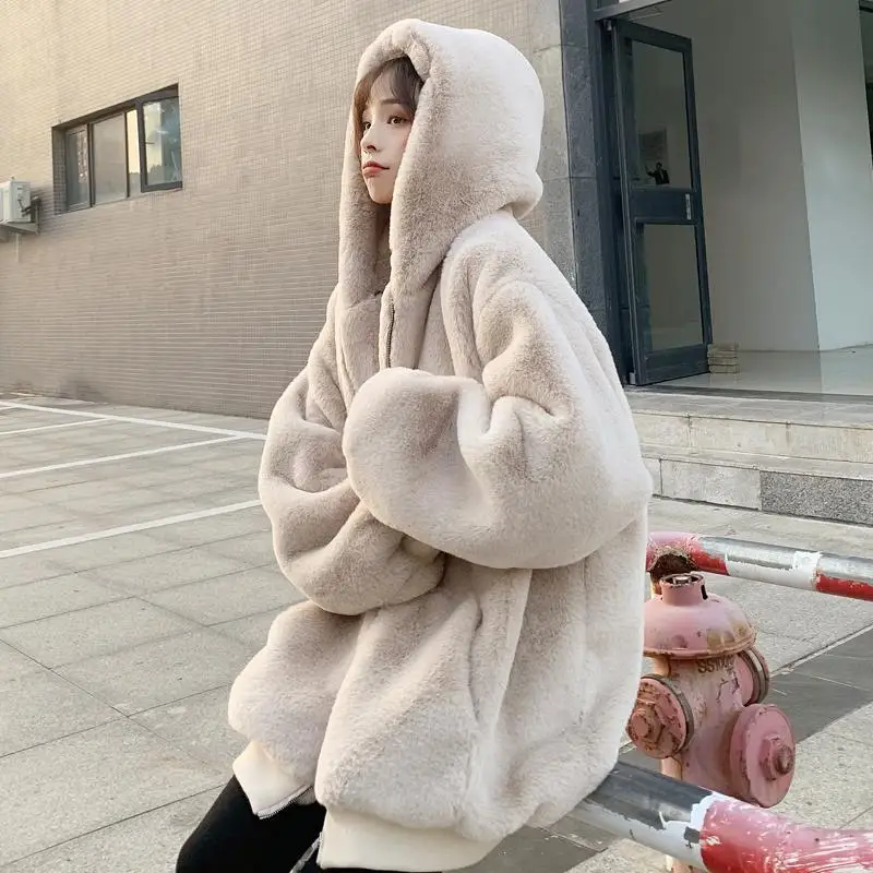 

Plush jacket women winter imitation Rex rabbit fur grass mid-length large size loose thick hooded women jacket 2022 ins hot sale