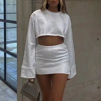 casual fashion womens suit 2021 summer solid color o neck long sleeved short top a line pleated skirt suit womens streetwear