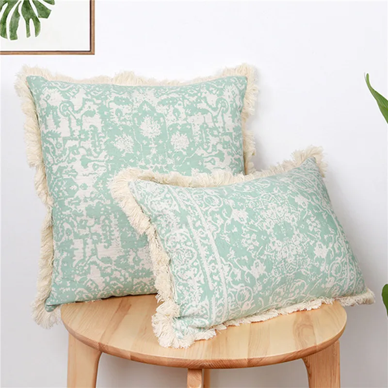 

Vintage Pillow Cover 45x45cm Green Cushion Cover Cotton Linen With Tassles For Home Decoration Living Room Retro