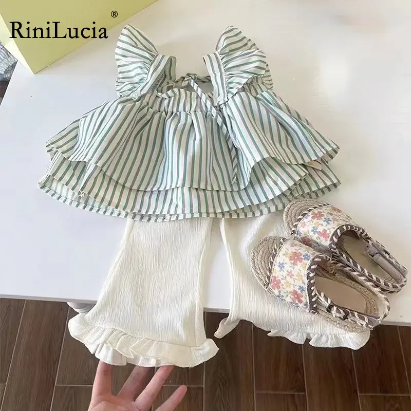 

Детский комплект для девочек на весну и лето, полосатый многослойный Топ без рукавов с оборками + штаны, костюмы для младенцев, детская одежда для малышей