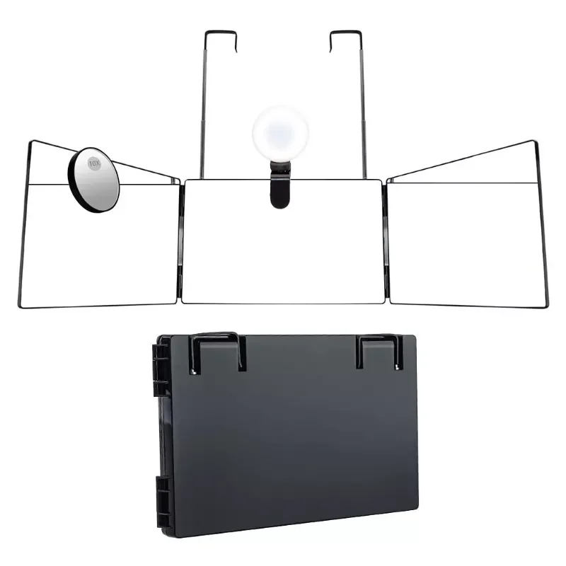 

H7JC Trifold Hair Cutting Mirror with Lights 10X Magnification Self Styling Mirrors Adjustable Height Telescopic Hook Lighted