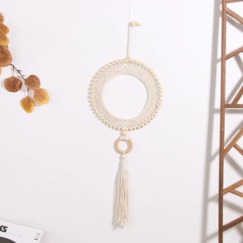 

New Ins Hand-woven Cotton Rope Wooden Beads Round Dream Catcher Wind Chimes Tassel Pendant Home Room Wall Decoration Tapestry