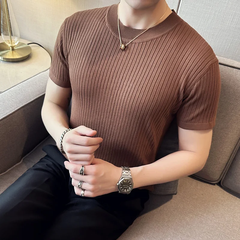 

Summer new Thin Ice Silk T-shirts men Solid Round Neck Dark Stripe Knitted Short Sleeve Casual Fit Elastic Top Tees men clothing