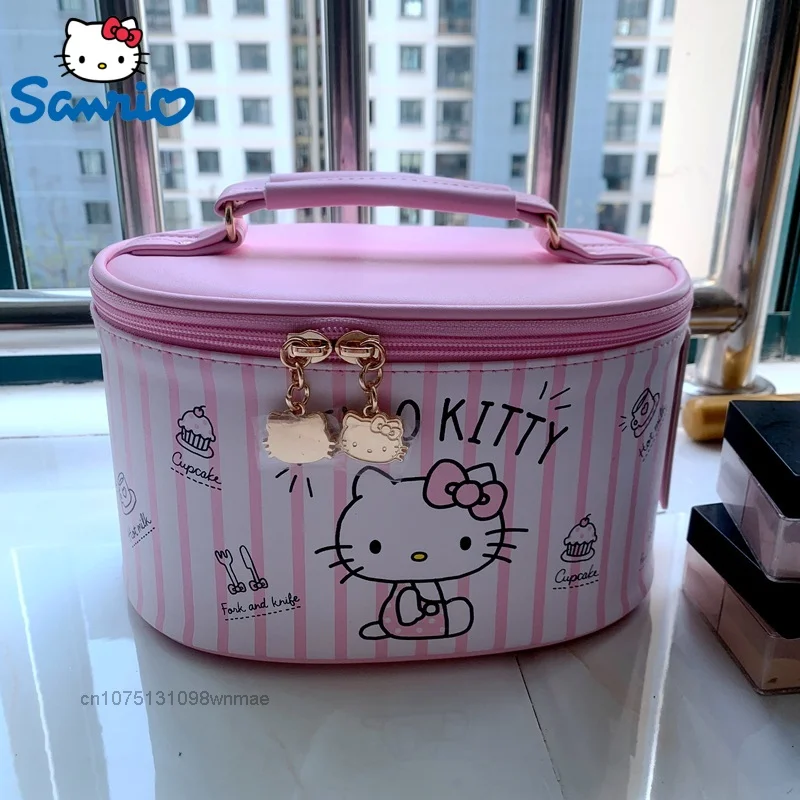 

Sanrio Hello Kitty Cute Cartoon Blossom Pattern Cosmatic Makeup Bag Women's Cylinder Portable PU Large Capacity Storage Bag