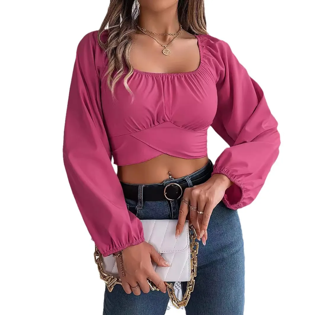 Casual Tie Waist Chiffon Shirt With Exposed Navel Top French Style Preppy Girl Puff Sleeve Shirts Summer Design Sense Sweet