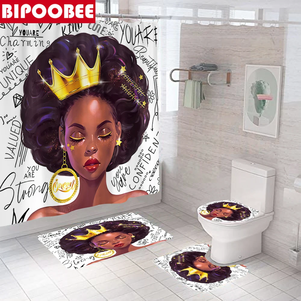 

African American Girl with Crown Shower Curtain Bathroom Curtains Set Toilet Lid Cover Bath Mats Non-slip Rugs Home Decor
