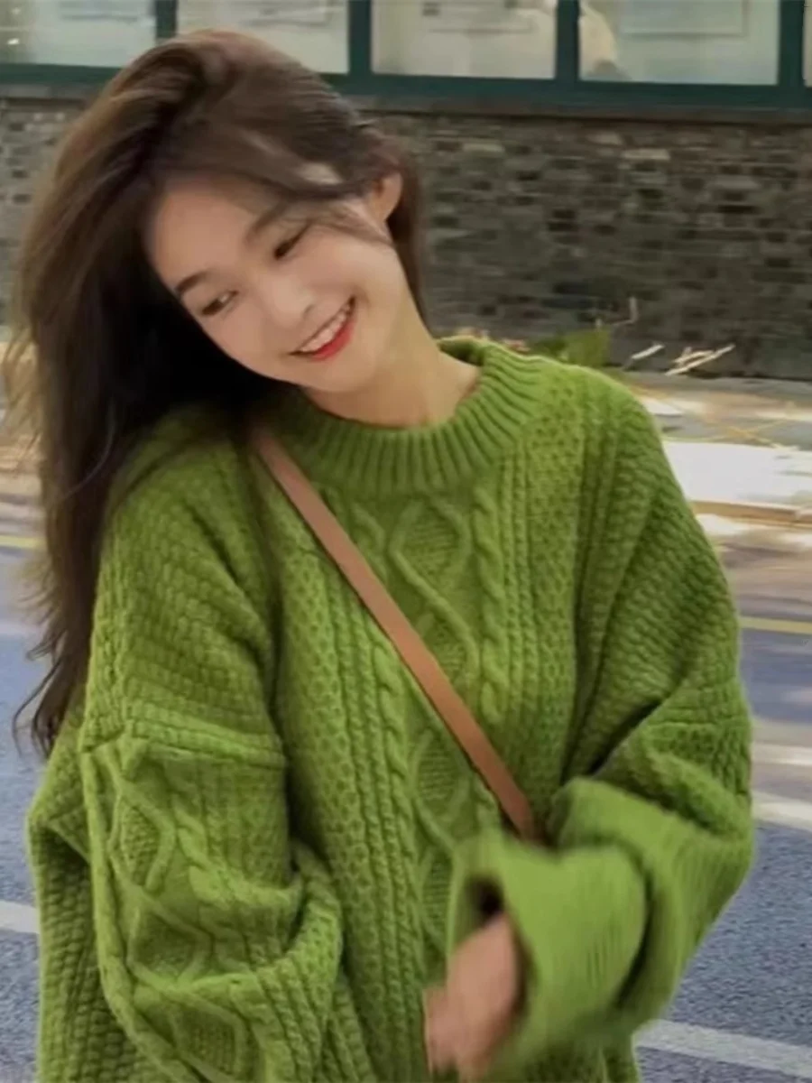 Зеленый вязаный свитер в стиле ретро новинка 2024 осень/зима женский