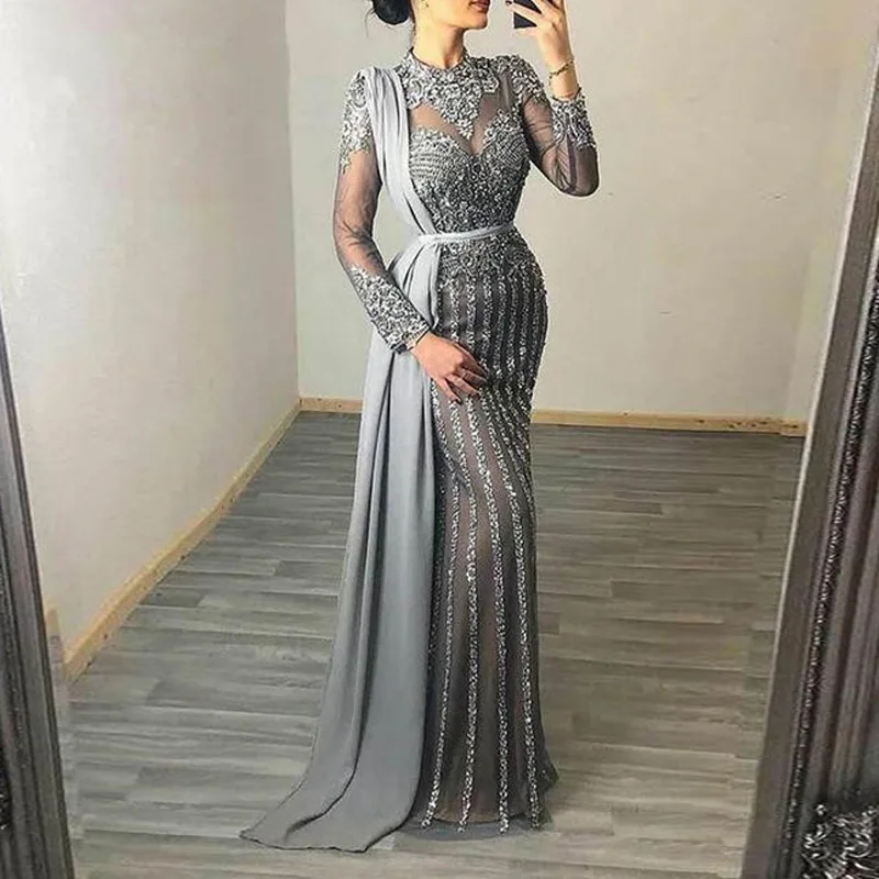 2023 New in Women Sequins Prom Formal Dress Solid Embroidery O-neck Long Sleeve Female Celebrity Party Maxi Dresses Vestidos
