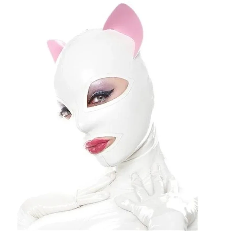 

Latex Gummi Hoods Cat Mask With Eyelashes And Pink Ears Unique Back Zip Customized 0.4mm
